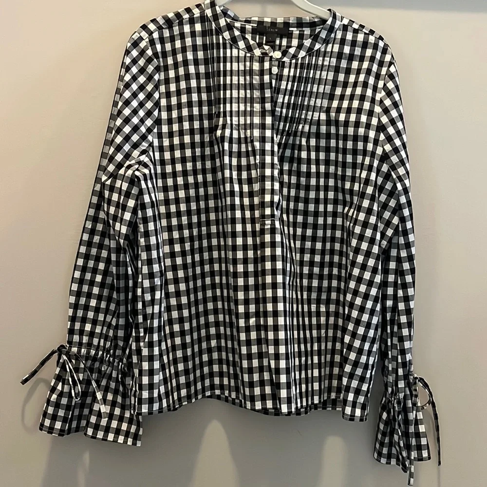 NWT J. Crew Women's Tie Sleeve Pintuck Long Sleeve Gingham Top | L